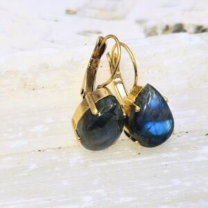 Classic Natural Labradorite In Gold Plated Drop Earrings All Natural Minimalist